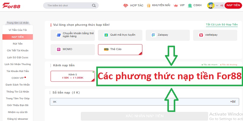 Các hình thức nạp tiền For88